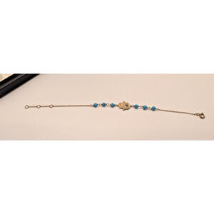 925 Vtg Hamas Hand Of Fatimata Evil Eye Blue beveled Beads Goldtone bracelet